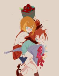 Rule 34 | 2girls, aqua eyes, aqua hoodie, black footwear, black sleeves, blue shorts, blush, boots, bouquet, brown footwear, carrying, feet out of frame, flower, food in mouth, from side, grey background, hand on another&#039;s leg, hand on another&#039;s shoulder, haruna konomi, holding, holding bouquet, hood, hood down, kamihama university affiliated school uniform, layered sleeves, long sleeves, magia record: mahou shoujo madoka magica gaiden, mahou shoujo madoka magica, mary janes, miniskirt, multicolored hair, multiple girls, no mouth, orange hair, piggyback, plaid, plaid skirt, pocky, pocky in mouth, ponytail, profile, red eyes, red flower, red hair, red sailor collar, red skirt, sailor collar, sakura kyoko, school uniform, serafuku, she li (lynxm), shirt, shoes, short hair, short over long sleeves, short sleeves, shorts, skirt, streaked hair, sweat, white shirt