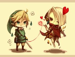 Rule 34 | 2boys, blonde hair, blue eyes, cape, earrings, ghirahim, gloves, hat, heart, highres, holding sword, jewelry, link, male focus, multiple boys, nintendo, orqz, pointy ears, smile, string, string of fate, sweatdrop, sword, the legend of zelda, the legend of zelda: skyward sword, weapon, white hair, wink