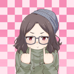 Rule 34 | 1girl, brown hair, checkered background, closed mouth, commentary request, ebizuka tomo, girls band cry, glasses, green hoodie, grey-framed eyewear, grey beanie, hood, hoodie, long sleeves, looking at viewer, pink background, pinky out, pout, red eyes, solo, summer left, upper body
