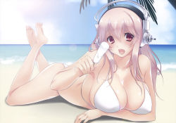 Rule 34 | 1girl, arm support, ayase hazuki, barefoot, beach, bikini, blush, breasts, cleavage, cloud, day, feet, food, headphones, highres, holding, large breasts, lens flare, long hair, looking at viewer, lying, nitroplus, ocean, on stomach, open mouth, outdoors, palm tree, pink hair, popsicle, red eyes, scan, shiny skin, skindentation, sky, smile, soles, solo, super sonico, swimsuit, the pose, tree, white bikini