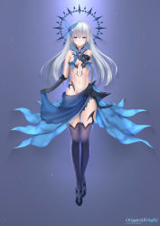 Rule 34 | 1girl, absurdres, bare shoulders, black gloves, black legwear, blue bow, blue dress, blue eyes, blush, bow, breasts, commentary request, crown, date a live, dress, dress tug, elbow gloves, expressionless, full body, gloves, groin, hair between eyes, hair bow, highres, legs, legs together, long hair, looking at viewer, medium breasts, midriff, navel, origamiknight, outstretched arm, reaching, reaching towards viewer, revealing clothes, signature, silver hair, solo, standing, thighs, tobiichi origami, very long hair