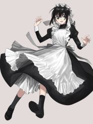Rule 34 | 1girl, apron, black dress, black eyes, black footwear, black hair, dress, female focus, grey background, hat, highres, looking at viewer, maid, maid apron, mob cap, open mouth, original, puffy sleeves, shoes, simple background, socks, solo, xxxsoiu1