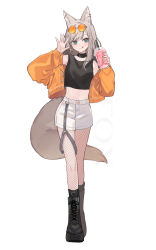 Rule 34 | 1girl, :q, animal ear fluff, animal ears, asymmetrical sidelocks, black choker, black footwear, black tank top, blue eyes, choker, commentary, cross-laced footwear, dot nose, drink, fishnet pantyhose, fishnets, fox ears, fox girl, fox tail, full body, grey hair, hand up, holding, holding drink, jacket, long hair, looking at viewer, midriff, nail polish, off shoulder, open clothes, open jacket, orange-tinted eyewear, orange jacket, orange nails, original, outstretched hand, pantyhose, pantyhose under shorts, round eyewear, shorts, shugao, simple background, solo, standing, straight-on, symbol-only commentary, tail, tank top, tinted eyewear, tongue, tongue out, white background, white shorts