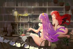 Rule 34 | 2girls, back, bad id, bad pixiv id, barefoot, bat wings, binder clip, black bra, black panties, black wings, book, book stack, bookshelf, bra, breasts, chair, cleavage, closed eyes, crescent, crescent hair ornament, cup, drying, electric fan, floating hair, hair ornament, hand fan, head wings, holding, holding paper, hoshimawa, indoors, kneeling, koakuma, ladder, laundry, long hair, low wings, medium breasts, mug, multiple girls, on chair, on table, outstretched arm, panties, paper, patchouli knowledge, plant, potted plant, purple hair, red eyes, red hair, ribbon, sitting, sketch, string, table, thighhighs, touhou, underwear, underwear only, very long hair, white bra, white legwear, white panties, wind, wings, yellow ribbon