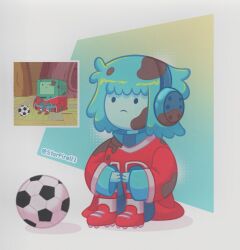 Rule 34 | 1girl, adventure time, aqua hair, aqua skin, artist name, ball, bmo, boots, headphones, highres, humanization, mud, no nose, red footwear, red shirt, reference inset, shadow, shirt, soccer ball, solo, starfirell1