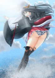 Rule 34 | 1girl, arm up, ass, black hair, black thighhighs, boots, brown eyes, camouflage, cloud, cloudy sky, commentary request, day, dazzle paint, detached sleeves, frilled skirt, frills, hair ornament, hairband, hairclip, haruna (kancolle), headgear, japanese clothes, kantai collection, long hair, machinery, nontraditional miko, panties, red skirt, rigging, skirt, sky, solo, splashing, striped clothes, striped panties, takamaru (akisora drawing), thigh boots, thighhighs, turret, underwear, upskirt