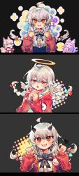 Rule 34 | 3girls, 3koma, :d, ahoge, angel wings, black bow, black bowtie, bow, bowtie, braid, claw pose, clenched hands, collared shirt, comic, demon horns, demon tail, grey background, grey hair, halo, hands up, highres, hood, hood down, hooded jacket, horns, indie virtual youtuber, jacket, low twin braids, multiple girls, open mouth, own hands together, praying, red eyes, red jacket, shirt, smile, tail, twin braids, upper body, virtual youtuber, warma, white shirt, wings, yizhi yishi
