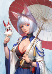 Rule 34 | 1girl, animal ears, azur lane, blue eyes, blunt bangs, breasts, cleavage, eyeliner, eyeshadow, fox ears, fox girl, fox mask, highres, holding, holding mask, japanese clothes, kaga (azur lane), kimono, kitsune, large breasts, looking at viewer, makeup, mask, oil-paper umbrella, parted lips, short hair, silver hair, skirt, slit pupils, solo, tail, ttheyue, umbrella, wide sleeves