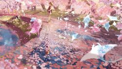 1girl animal bridge brown_hair cherry_blossoms commentary_request day fish grass highres looking_at_viewer makoron117117 medium_hair original outdoors park scenery solo standing tree water wide_shot