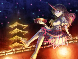 Rule 34 | 1girl, architecture, bare legs, blonde hair, building, chain, crossed legs, cuffs, cup, east asian architecture, faux traditional media, female focus, gradient hair, horns, hoshiguma yuugi, hyuuga azuri, long hair, multicolored hair, night, night sky, on roof, oni, pagoda, red eyes, sakazuki, sandals, single horn, sitting, sitting on roof, skirt, sky, smile, solo, star (sky), star (symbol), starry sky, touhou, tower