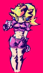 Rule 34 | 1girl, absurdres, armor, belly, black outline, blonde hair, blue eyes, breastplate, breasts, chest armor, chest plate, clenched hands, closed mouth, crop top, crown, crown (symbol), earrings, eyelashes, feet out of frame, frown, gauntlets, hand up, highres, jewelry, jublee, legs together, mario (series), mario strikers charged, medium breasts, medium hair, midriff, navel, nintendo, outline, pink shirt, pink shorts, ponytail, princess peach, shirt, short sleeves, shorts, shoulder armor, solo, sweat, teeth, thigh gap, turtleneck, twitter username, upper teeth only, white background