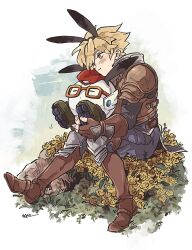 Rule 34 | 1boy, = =, animal ear hairband, animal ears, armor, blonde hair, blue pants, boots, breastplate, brown footwear, brown gloves, commentary request, cube (live a live), dot mouth, elbow gloves, fake animal ears, fingerless gloves, flower, from side, full body, glasses, gloves, hair over one eye, highres, holding, knee pads, live a live, male focus, oersted, omomomizu, on grass, one eye covered, outdoors, pants, pauldrons, rabbit ear hairband, rabbit ears, robot, short hair, shoulder armor, signature, sitting, thigh boots, white background, yellow eyes, yellow flower
