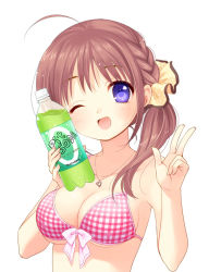 Rule 34 | 1girl, ;d, ahoge, bare arms, bikini, blue eyes, blush, bow, braid, breasts, brown hair, collarbone, drink, french braid, heart, heart necklace, jewelry, looking at viewer, medium breasts, necklace, one eye closed, open mouth, original, piyodera mucha, plaid, plaid bikini, side braid, side ponytail, simple background, smile, soda, solo, swimsuit, upper body, v, w, wink