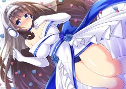 Rule 34 | 1girl, azur lane, back bow, black panties, blue bow, blue choker, blue eyes, blue flower, blue rose, blue sash, blunt bangs, blush, bow, breasts, bridal gauntlets, bridal legwear, bridal veil, brown hair, choker, cleavage, closed mouth, collarbone, commentary request, dress, feet out of frame, flower, hairband, headphones, highres, kamishiro (rsg10679), kneehighs, knees together feet apart, large breasts, long hair, long island (azur lane), panties, petals, rose, sash, smile, socks, solo, thick thighs, thighs, tiara, underwear, veil, very long hair, wedding dress, white dress, white socks