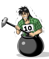 Rule 34 | 1boy, black hair, cauldron, crossover, crying, closed eyes, getting over it, hammer, in pot, itou kaiji, kaiji, konno tohiro, long hair, male focus, plaid, pot, sledgehammer, solo, sweat