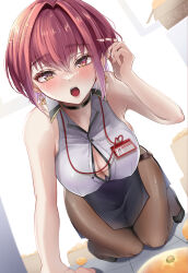 Rule 34 | 1girl, arm support, belt, black choker, blush, breasts, brown belt, button gap, choker, earrings, heterochromia, high-waist skirt, highres, hinoki kahun0, holding, holding own hair, hololive, houshou marine, houshou marine (businesswoman), id card, jewelry, kneeling, large breasts, looking at viewer, no bra, official alternate costume, official alternate hair length, official alternate hairstyle, open mouth, pantyhose, partially unbuttoned, red eyes, red hair, shirt, short hair, skirt, sleeveless, sleeveless shirt, solo, virtual youtuber, yellow eyes