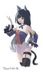 Rule 34 | 1girl, adapted costume, animal ear fluff, animal ears, black hair, black thighhighs, blue ribbon, cat ears, cat girl, cat tail, covered navel, cowboy shot, cropped legs, detached sleeves, hand on own hip, highres, index finger raised, karyl (princess connect!), leotard, long hair, long sleeves, multicolored hair, neck ribbon, pepeo, pink leotard, princess connect!, purple sleeves, ribbon, simple background, solo, standing, streaked hair, tail, thigh strap, thighhighs, very long hair, white background