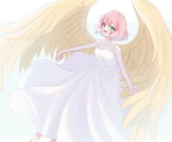 Rule 34 | 1girl, bare arms, blurry, blush, brown wings, collarbone, depth of field, dress, feathered wings, green eyes, harpy (puyopuyo), kashima miyako, long dress, looking up, open mouth, outstretched arms, pink hair, puyopuyo, short hair, solo, spread arms, white dress, wings