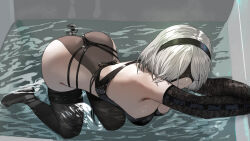 Rule 34 | 1girl, 2b (nier:automata), absurdres, all fours, ass, black blindfold, black hairband, black one-piece swimsuit, black thighhighs, blindfold, bob cut, breasts, elbow gloves, gloves, hairband, highres, lilin (pixiv 25958194), medium breasts, nier:automata, nier (series), one-piece swimsuit, outstretched arms, short hair, solo, swimsuit, thighhighs, water, white hair