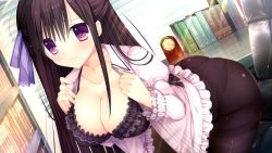 Rule 34 | 1girl, ass, black hair, blush, bookshelf, bra, breasts, cleavage, closed mouth, day, embarrassed, female focus, frills, game cg, haruoto alice gram, indoors, large breasts, legs, light rays, long hair, looking at viewer, mitha, open clothes, original, panties, panties under pantyhose, pantyhose, pink eyes, rindou yaya, sitting, solo, thighs, unbuttoned, unbuttoned shirt, underwear