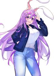 Rule 34 | 1girl, absurdres, animal ears, black jacket, blue pants, blush, breasts, commission, cowboy shot, denim, diving penguin, eyewear on head, hair between eyes, hand in pocket, highres, jacket, large breasts, long hair, long sleeves, open clothes, open jacket, open mouth, pants, pink eyes, pixiv commission, purple hair, rabbit ears, reisen udongein inaba, shirt, simple background, smile, solo, touhou, white background, white shirt