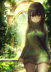 Rule 34 | 1girl, absurdres, against railing, bag, blush, brown eyes, brown hair, carrying, closed mouth, clothing cutout, commentary request, dappled sunlight, day, dress, green dress, handbag, highres, huge filesize, karu (ricardo 2628), light frown, long hair, long sleeves, looking at viewer, original, partial commentary, plant, railing, ribbed dress, ribbed sweater, short dress, shoulder cutout, sitting, solo, standing, sunlight, sweater, sweater dress, turtleneck