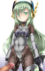 Rule 34 | 1girl, bare shoulders, black gloves, bodysuit, censored, collar, cum, cum on body, cum on clothes, cum on lower body, detached sleeves, emil chronicle online, gloves, green eyes, green hair, hair ornament, hairband, highres, leotard, lock, looking at viewer, matching hair/eyes, mosaic censoring, pantyhose, penis, shimo (depthbomb), solo, solo focus, thighhighs