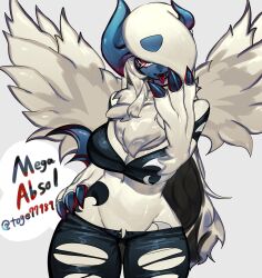 Rule 34 | absol, absurdres, angel wings, asymmetrical horns, bare shoulders, black hair, breasts, claws, cleavage, creatures (company), crop top, dark skin, fangs, furry, furry female, game freak, gen 3 pokemon, highres, horns, large breasts, mega absol, mega pokemon, midriff, multicolored hair, navel, nintendo, one eye covered, pants, pokemon, pokemon (creature), red eyes, tail, togetoge, tongue, tongue out, torn clothes, torn pants, white fur, white hair, wings