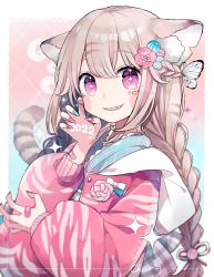 Rule 34 | + +, 1girl, 2022, animal ear fluff, animal ears, animal print, artist name, bad id, bad pixiv id, bandaid, blush stickers, braid, brown hair, butterfly hair ornament, chinese zodiac, chon (chon33v), claw pose, ear notch, grin, hair ornament, hair ribbon, highres, jacket, japanese clothes, kimono, long sleeves, looking at viewer, multicolored hair, multicolored nails, nail art, nail polish, new year, notched ear, original, pink eyes, plaid, puffy long sleeves, puffy sleeves, ribbon, sharp teeth, smile, solo, sticker on face, streaked hair, tail, teeth, tiger ears, tiger girl, tiger print, tiger tail, twin braids, writing on hand, year of the tiger