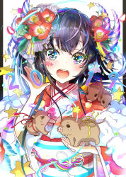 Rule 34 | &gt; &lt;, 1girl, 2019, :d, animal, animal on shoulder, black background, black hair, blue eyes, boar, chinese zodiac, closed eyes, commentary request, flower, fur collar, hair flower, hair ornament, head tilt, highres, holding, holding animal, japanese clothes, keepout, kimono, long hair, long sleeves, obi, open mouth, original, red flower, red kimono, round teeth, sash, smile, solo, star (symbol), teeth, two-tone background, upper body, upper teeth only, white background, wide sleeves, year of the pig