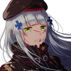 Rule 34 | 1girl, beret, blood, blunt bangs, crying, crying with eyes open, damaged, deep wound, floating hair, girls&#039; frontline, green eyes, hair ornament, hat, hk416 (girls&#039; frontline), injury, jacket, long hair, looking at viewer, parted lips, sidelocks, silence girl, silver hair, simple background, solo, tears, white background, wind