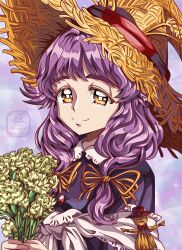 Rule 34 | 1girl, absurdres, bouquet, dress, flower, hair flaps, hat, highres, holding, holding bouquet, little goody two shoes, low twintails, purple dress, purple hair, remyfive, rozenmarine (little goody two shoes), shawl, smile, solo, straw hat, twintails, white shawl, witch hat, yellow eyes