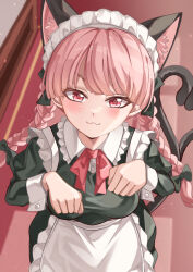 Rule 34 | 1girl, :3, absurdres, alternate costume, animal ear fluff, animal ears, black bow, blunt bangs, blurry, blurry background, bow, braid, breasts, cat ears, cat tail, closed mouth, commentary, depth of field, enmaided, extra ears, eyebrows hidden by hair, frilled shirt collar, frills, from above, hair bow, hair ribbon, hands up, highres, indoors, kaenbyou rin, leaning forward, long hair, long sleeves, looking at viewer, mahoro (minase mahoro), maid, maid headdress, medium breasts, multiple tails, nekomata, paw pose, pink eyes, pink hair, ribbon, solo, straight-on, tail, touhou, tress ribbon, tsurime, twin braids, two tails
