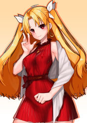 Rule 34 | 1girl, absurdres, bitter sweet (fate/grand order), blonde hair, blush, breasts, commentary request, covered erect nipples, cross, cross necklace, dress, earrings, ereshkigal (bitter sweet) (fate), ereshkigal (fate), fate/grand order, fate (series), hair ribbon, highres, jewelry, light smile, long hair, necklace, parted bangs, pixiv fate/grand order contest 1, red dress, red eyes, ribbed dress, ribbon, shawl, short dress, signature, sleeveless, sleeveless dress, small breasts, solo, two side up, waving, white ribbon, z1004ero