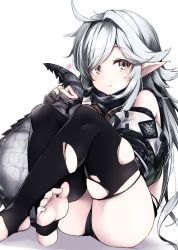 Rule 34 | 1girl, ahoge, arknights, bare shoulders, black panties, black thighhighs, brown eyes, closed mouth, commentary request, crocodilian tail, crossed ankles, feet, gloves, goggles, goggles around neck, grey gloves, heart, highres, holding tail, long hair, looking at viewer, panties, partially fingerless gloves, pointy ears, scales, silver hair, sitting, skindentation, smile, soles, solo, stirrup legwear, tail, thighhighs, toeless legwear, toes, tomimi (arknights), torn clothes, torn thighhighs, underwear, very long hair, yuki kawachi
