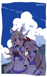 Rule 34 | 2girls, ahoge, animal ears, ayame nako, bag, blue eyes, blue sky, border, bow, bowtie, carrying over shoulder, closed eyes, cloud, cloudy sky, commentary request, contrail, cumulonimbus cloud, day, ear covers, fang, food, grey hair, hand up, holding, holding bag, holding food, holding popsicle, horse ears, horse girl, long hair, looking at another, multicolored shirt, multiple girls, oguri cap (umamusume), open mouth, outdoors, pleated skirt, popsicle, puffy short sleeves, puffy sleeves, purple bow, purple bowtie, purple shirt, school uniform, shirt, short sleeves, skin fang, skirt, sky, smile, summer, summer uniform, tamamo cross (umamusume), tongue, tongue out, tracen school uniform, twitter username, umamusume, white border, white shirt, white skirt