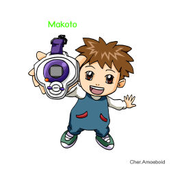 Rule 34 | 1boy, brown hair, digimon, digivice, highres, makoto (digimon), male focus, simple background, smile, solo, teeth, white background