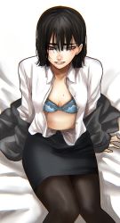 Rule 34 | 1girl, black hair, black skirt, blue bra, bra, breasts, brown pantyhose, closed mouth, collared shirt, frilled bra, frills, from above, grey eyes, grey jacket, highres, hoshi san 3, jacket, knees together feet apart, long sleeves, looking at viewer, medium breasts, medium hair, miniskirt, mole, mole on breast, mole under eye, mole under mouth, office lady, open clothes, open shirt, original, pantyhose, parted lips, pencil skirt, shirt, simple background, sitting, skirt, smile, solo, underwear, white background, white shirt, wing collar