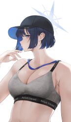 Rule 34 | 1girl, alternate hairstyle, baseball cap, blue archive, blue hair, blush, bra, breasts, cleavage, collarbone, colored inner hair, dark blue hair, fte (fifteen 199), grey bra, halo, hat, highres, large breasts, linea alba, looking at viewer, multicolored hair, saori (blue archive), short hair, sideways glance, simple background, solo, two-tone hair, underwear, upper body, white background