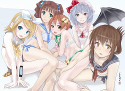 Rule 34 | 10s, 5girls, adapted costume, bare legs, bat wings, bikini, blonde hair, blue eyes, brown eyes, brown hair, cloritin, crossover, curly hair, eyelashes, flower, flower on head, folded ponytail, green eyes, hair flower, hair ornament, hat, highres, hoshizora rin, idolmaster, idolmaster (classic), inazuma (kancolle), kagamine rin, kantai collection, light purple hair, looking at viewer, love live!, love live! school idol project, lying, midriff, mob cap, multiple girls, on side, one-piece swimsuit, orange hair, red eyes, remilia scarlet, sailor bikini, sailor collar, sailor swimsuit (idolmaster), short hair, side-tie bikini bottom, sitting, slit pupils, smile, swimsuit, takatsuki yayoi, touhou, twintails, vocaloid, wings, yellow eyes
