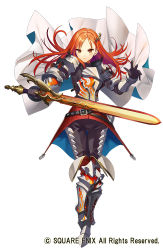 Rule 34 | armor, blush, bracer, breastplate, cape, closed mouth, gaou (umaiyo puyoman), grimms notes, hair ornament, holding, holding sword, holding weapon, looking at viewer, armored boots, official art, pants, parted bangs, pauldrons, red eyes, red hair, shoulder armor, simple background, solo, standing, sword, thigh gap, walking, watermark, weapon, white background