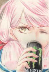 Rule 34 | 10s, 1girl, akashi (kancolle), artist logo, bandana, brown background, can, commentary request, company name, drinking, energy drink, eyelashes, furrowed brow, green eyes, hair over shoulder, hair ribbon, highres, holding, holding can, kantai collection, long hair, looking to the side, millipen (medium), monster energy, one eye closed, pink hair, portrait, postcard, red ribbon, remodel (kantai collection), ribbon, sailor collar, school uniform, serafuku, shirt, simple background, solo, sweat, swept bangs, tesun (g noh), traditional media, tress ribbon, two side up, watercolor pencil (medium), white shirt