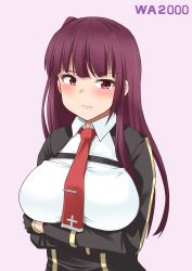 Rule 34 | 1girl, arms under breasts, black gloves, blush, breast hold, breasts, character name, closed mouth, collared shirt, cross, framed breasts, girls&#039; frontline, gloves, highres, ki-51 (ampullaria), large breasts, long hair, looking at viewer, necktie, pink background, purple eyes, purple hair, red necktie, shirt, simple background, solo, tie clip, upper body, v-shaped eyebrows, wa2000 (girls&#039; frontline), white shirt