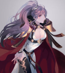 Rule 34 | belt, blush, breasts, cleavage, collarbone, dress, fire emblem, fire emblem: genealogy of the holy war, fire emblem heroes, ishtar (fire emblem), kabitakamaboko, large breasts, long hair, looking to the side, nintendo, official alternate costume, open hand, ponytail, purple hair, red belt, red scarf, scarf, solo, thighhighs, white dress