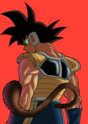Rule 34 | 1boy, absurdres, armband, armor, bardock, black hair, black outline, blue armband, blue pants, broken armor, brown fur, commentary, dragon ball, dragon ball super, english commentary, facial scar, from behind, highres, iamthetrev, light, looking to the side, male focus, monkey tail, muscular, muscular male, outline, pants, red background, red wristband, saiyan armor, scar, scar on cheek, scar on face, scouter, serious, shoulder armor, simple background, solo, spiked hair, tail, wristband