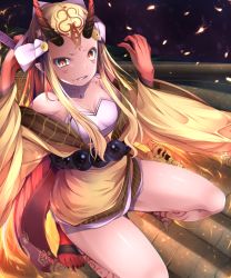 Rule 34 | 1girl, bare shoulders, barefoot, blonde hair, breasts, buta (uhoiiotoko), cleavage, commentary request, dress, facial mark, fate/grand order, fate (series), forehead mark, full body, grin, holding, horns, ibaraki douji (fate), japanese clothes, kimono, long hair, looking at viewer, oni horns, pointy ears, sidelocks, small breasts, smile, solo, squatting, strapless, strapless dress, tattoo, very long hair, white dress, yellow eyes, yellow kimono