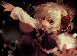 Rule 34 | 1girl, bad link, blonde hair, embodiment of scarlet devil, fangs, female focus, hair ribbon, nokishita, outstretched arms, red eyes, ribbon, rumia, short hair, solo, spread arms, touhou