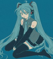 Rule 34 | 1girl, :o, ahoge, aqua eyes, aqua hair, aqua nails, aqua necktie, arm tattoo, bare shoulders, between legs, black footwear, blue background, boots, bright pupils, commentary, detached sleeves, full body, hair between eyes, hair ornament, hand between legs, hatsune miku, headset, highres, long hair, looking at viewer, miniskirt, nail polish, necktie, paper texture, pikurusu, pleated skirt, sitting, skirt, sleeves past wrists, solo, symbol-only commentary, tattoo, thigh boots, thighhighs, twintails, very long hair, vocaloid, wariza, zettai ryouiki
