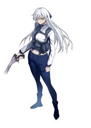 Rule 34 | 1girl, ak-12 (girls&#039; frontline), black footwear, blue pants, boots, breasts, closed mouth, collared shirt, commentary, commission, english commentary, full body, girls&#039; frontline, green eyes, gun, handgun, highres, holding, holding gun, holding weapon, long hair, long sleeves, medium breasts, midriff, navel, pants, shirt, simple background, solo, standing, trigger discipline, vasant (mskyreach), very long hair, weapon, weapon request, white background, white hair, white shirt
