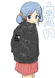 Rule 34 | 1girl, black jacket, blue eyes, blue hair, commentary request, cowboy shot, cube hair ornament, dot nose, down jacket, from side, furrowed brow, hair ornament, hands in pockets, highres, jacket, light blush, looking at viewer, naganohara mio, nichijou, open mouth, pleated skirt, red skirt, short hair, short twintails, sim4562, simple background, skirt, solo, supreme (brand), the north face, translation request, twintails, white background